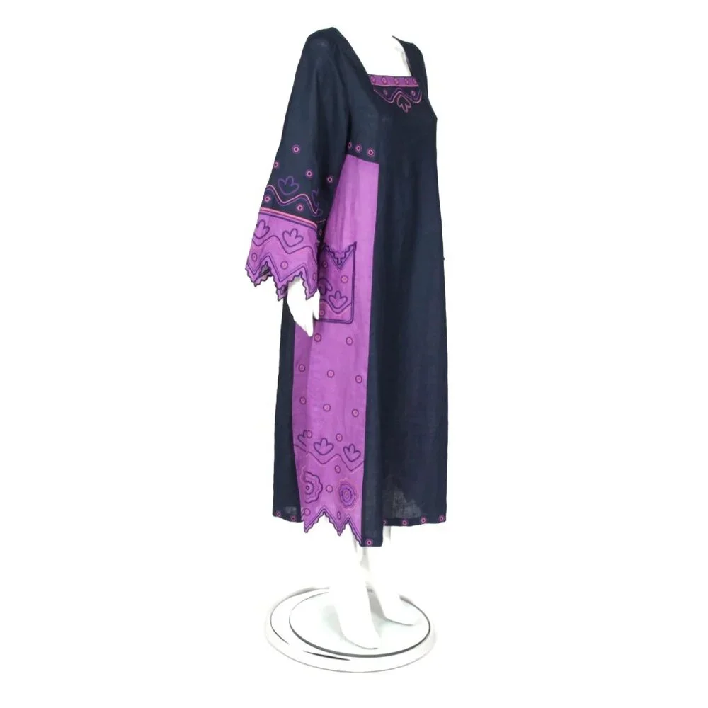 ETNODIM Embroidered Angel Sleeve Linen Navy Blue Violet Purple Maxi Dress XS 742 - Picture 5 of 7